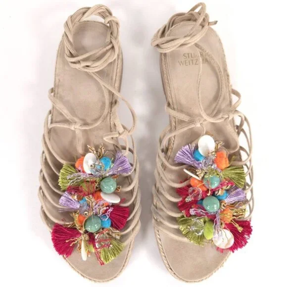 Stuart Weitzman Flats Noodles Beach Suede Embellished Lace Up Slide Size 9
